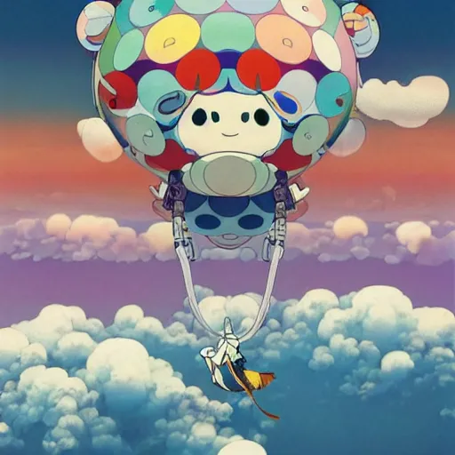 Image similar to a man walking on clouds above kyoto by takashi murakami, beeple and james jean, aya takano color style, 4 k, super detailed