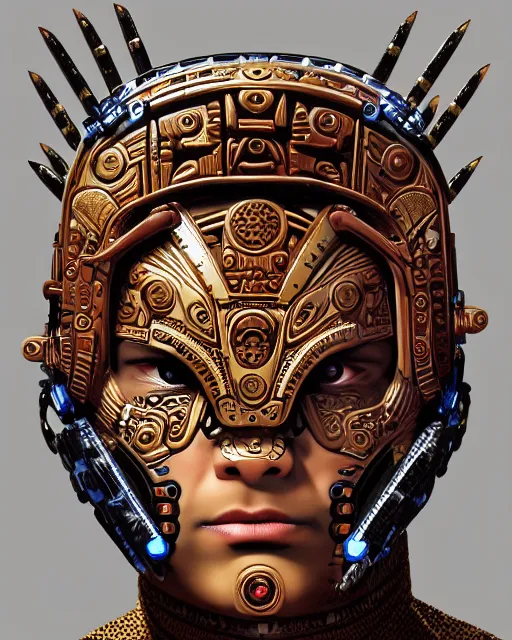 Image similar to portrait of a mayan masculine male cyberpunk jaguar warrior, machine face, upper half portrait, decorated with italian opera motifs, muscular, latin, geek mythology, wuxia, traditional mayan art, intricate intense elegant, highly detailed symmetry headpiece digital painting artstation concept art smooth sharp focus illustration, art by moebius and frank miller diego rivera 8 k