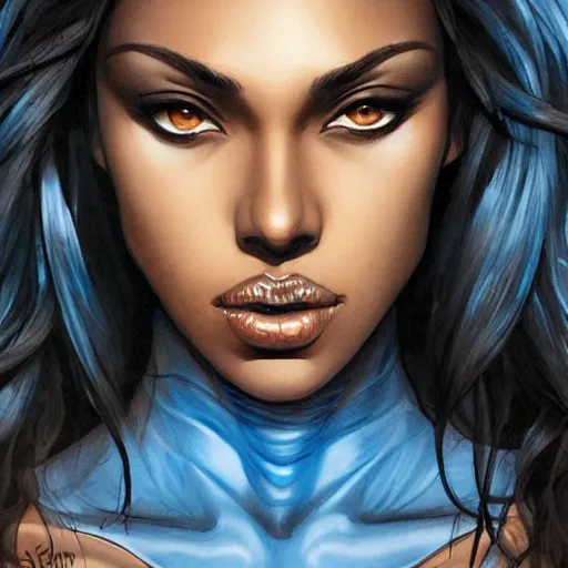 Prompt: closeup on the blue - within - blue colored eyes of a beautiful brown - skin woman, intricate, elegant, highly detailed, smooth, sharp focus, full body, detailed face, high contrast, art by ardian syaf,