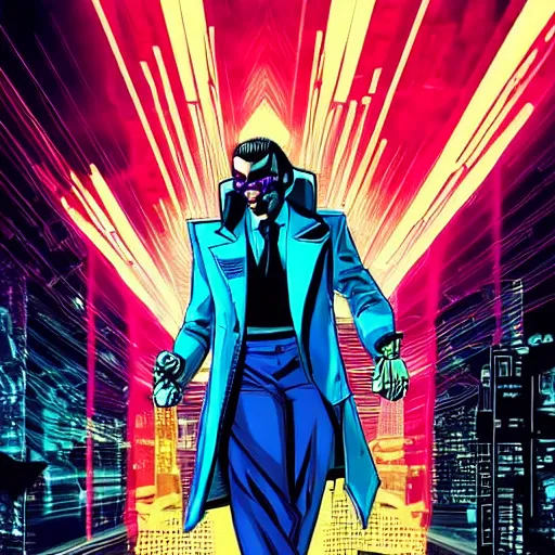 Image similar to a cyberpunk mafia boss with slicked back hair, in a cyberpunk setting, comic book art, cyberpunk, art by stan lee, neon lines, 8 0 s vibe colorful, bright high tech lights, movie still, epic, dramatic, marvel comics, dc comics