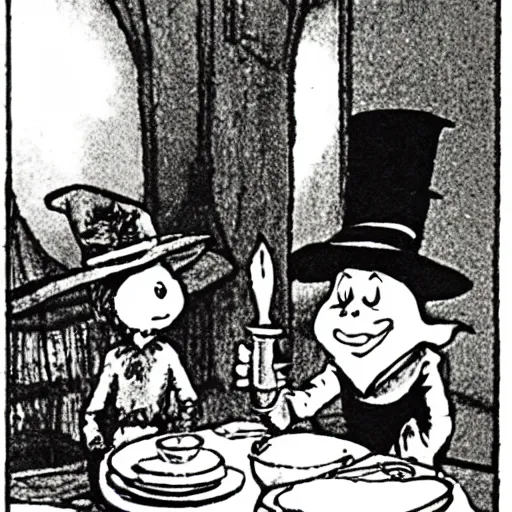 Prompt: count orlok having tea with snufkin and the moomins