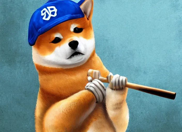 Prompt: digital art of a buff shiba inu holding a baseball bat. Highly detailed 8k, fantasy