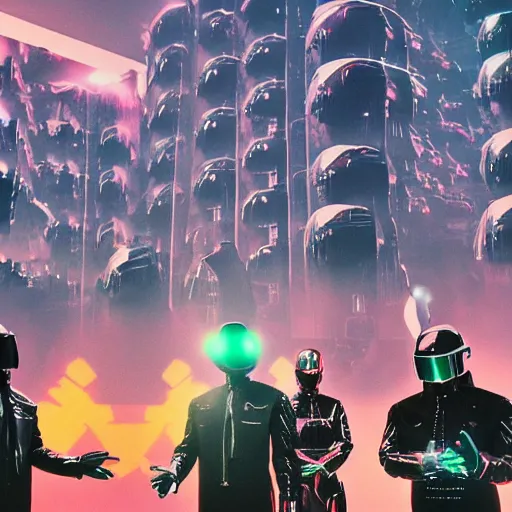 Image similar to daft punk standing in front of a gigantic robot army, cyberpunk futuristic alien landscape, weird plants, banners covered with alien writing glyphs, by Małgorzata Kmiec