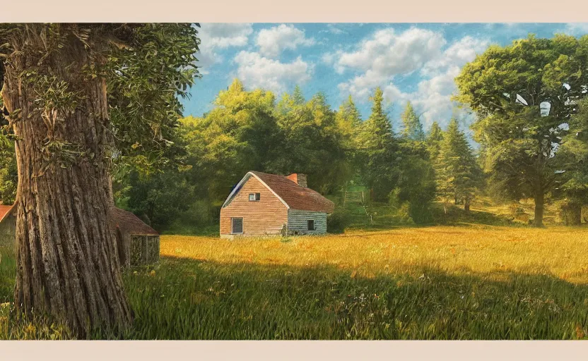 Image similar to artbook drawing of a small farm house in a pleasant meadow, tall trees and sunny skies with puffy clouds, concept art, detailed, warm colors, global illumination, intricate, heavenly