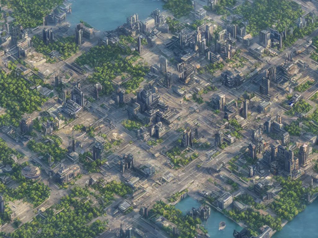 Prompt: A game concept art of city map, near the lake. Octane renderer, artstation