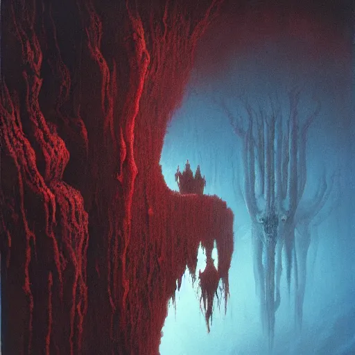 Prompt: will farrell entering a chasm full of unspeakable cosmic horrors, horror, blood red, terrifying atmosphere, atmospheric, by greg rutkowski and zdzisław beksinski, 8 k