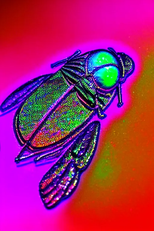 Image similar to high quality macro photo holographic graffiti fly! jeweled gorgeous! highly detailed digital art david ligare elson peter cinematic pink neon lighting high quality low angle hd 8k sharp shallow depth of field