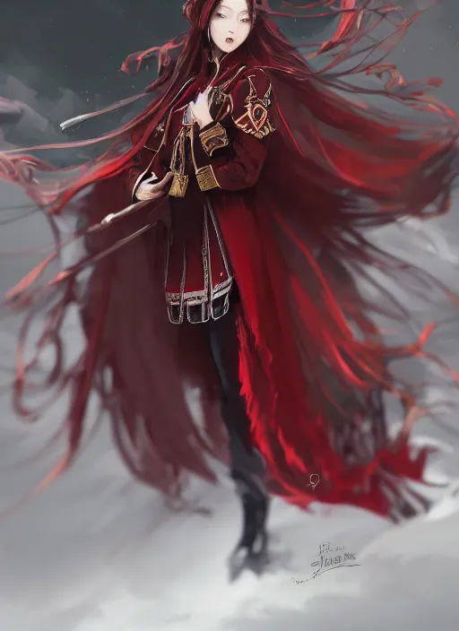 Image similar to a highly detailed illustration of beautiful long dark red haired japanese woman wearing wine red epaulette uniform and coat cape, dramatic floating strings pose, intricate, elegant, highly detailed, centered, digital painting, artstation, concept art, smooth, sharp focus, league of legends concept art, wlop