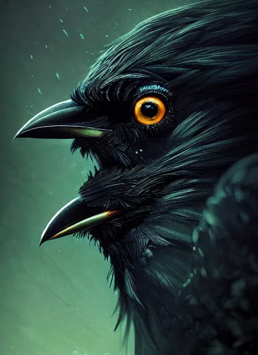 Image similar to side portrait dark crow (animal), close-up, fantasy forest landscape, moonshine, fantasy magic, nice black feather, proud, green dark light night, intricate, elegant, sharp focus, illustration, highly detailed, digital painting, concept art, matte, art by WLOP and Artgerm and Greg Rutkowski and Eddie Mendoza, masterpiece