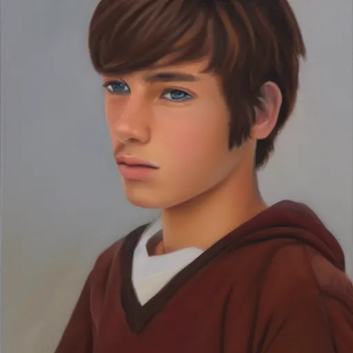 Image similar to beautiful oil painting of a teenage boy with short side part light brown hair and brown eyes