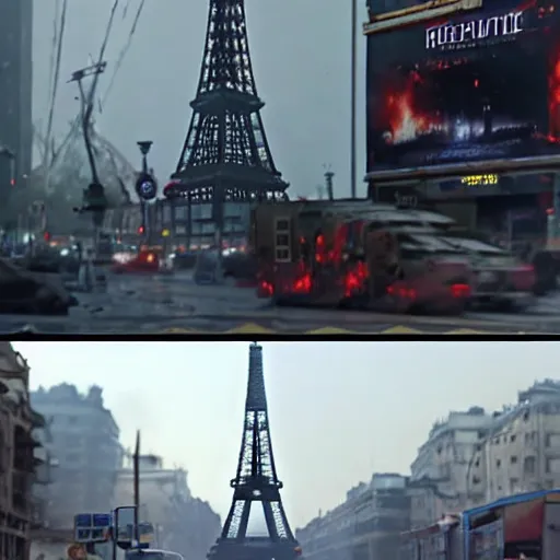 Prompt: A beautiful intricate 8K award-winning ground-level cinematic movie photograph of the future apocalyptic Eiffel Tower surrounded by corporate billboards, destroyed and decaying. in the year 2043, by Bruno Delbonnel and greg rutkowski. Arri Alexa 65, IMAX 70mm footage. Dirty billboards. Cinematic lighting