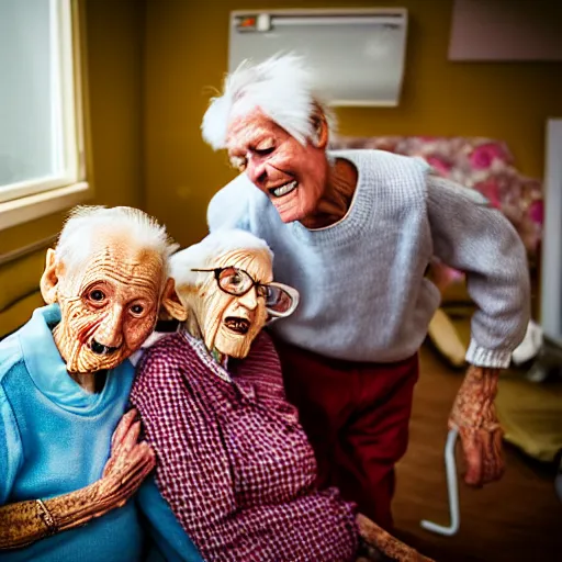 Prompt: photography of old people with highly detailed faces raving in retirement home in style of Alexis Dibiasio.