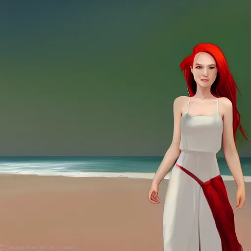 Prompt: beautiful woman with red hair and green eyes wearing a white sundress, on a beach, flirting, smiling, eye contact, perfect face, perfect body, digital art in the style of artgerm and WLOP, extreme long shot