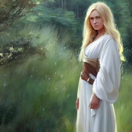 Image similar to blonde female jedi, Swedish countryside, landscape view, archipelago, painting by Vladimir Volegov, wlop, artstation