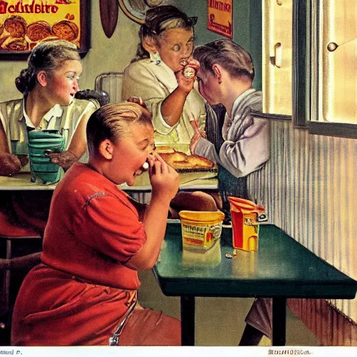 Image similar to painting of a boy with blonde hair watching an obese woman pray before she eats her hamburger, set in a diner, 1950’s, highly detailed, by Norman Rockwell,