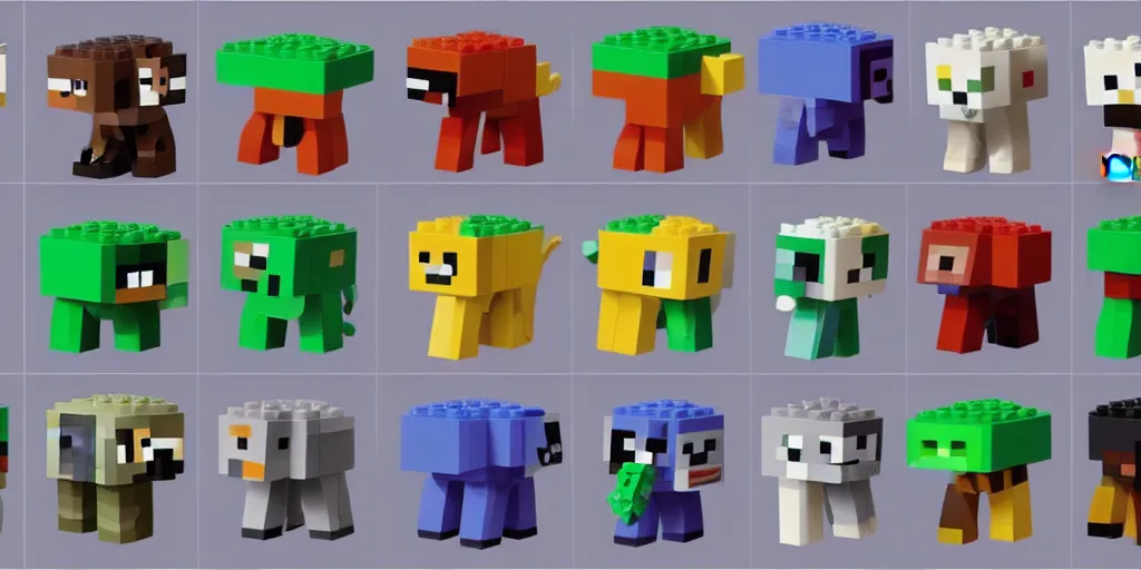Prompt: creatures called critters, made out of a single lego brick. cube. minecraft shaped. cute looking, sharp focus, moebius, character sheet, game concept art, brush work