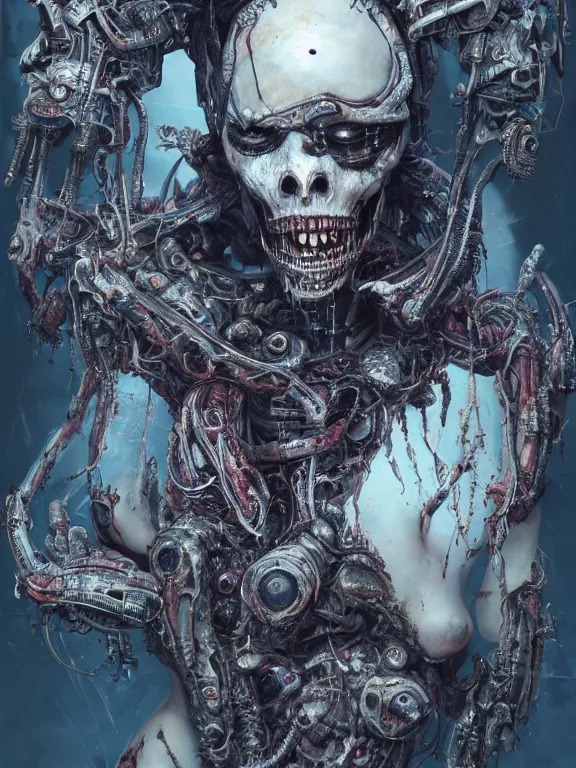 Image similar to portrait art of 8k ultra realistic undead eldritch horror ghost in the shell , detailed intricate ornate armour,decaying, cybernetic, full of colour, cinematic lighting, battered, trending on artstation, 4k, hyperrealistic, focused, extreme details,unreal engine 5, cinematic, masterpiece, art by ayami kojima, giger