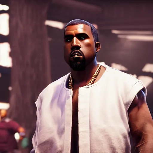 Prompt: a videogame still of Kanye West in Tekken 7, portrait, 40mm lens, shallow depth of field, close up, split lighting, cinematic