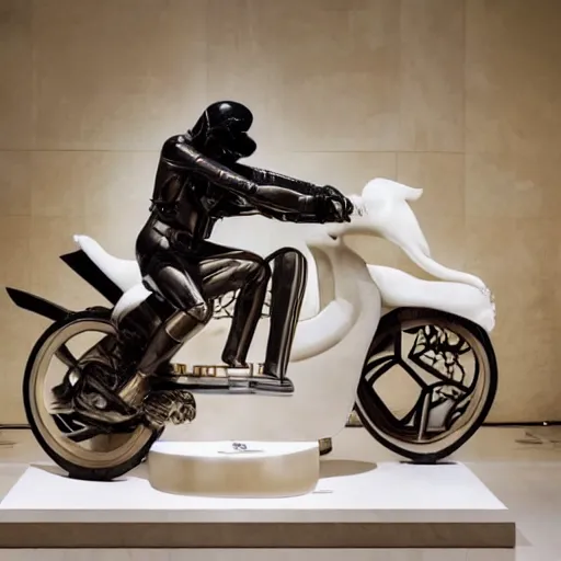 Image similar to a beautiful cinematic lit scene in the guggenheim museum of a white armless marble statue of a woman, with a motorcycle in background with motocross colors and corporate logos in the style of virgil abloh, matthew williams, offwhite, givenchy