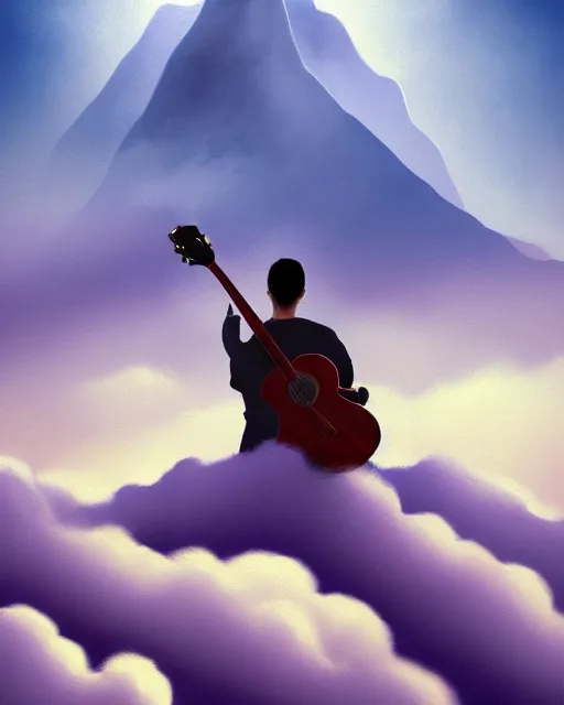 Image similar to A figure of a man with a guitar obscured by clouds and mist. The clouds look like mountains high in the sky, the clouds are a deep blue purple color with the sun blazing behind the clouds, deep focus, D&D, fantasy, intricate, elegant, highly detailed, digital painting, artstation, concept art, matte, sharp focus, illustration, hearthstone, art by Artgerm and Greg Rutkowski and Alphonse Mucha