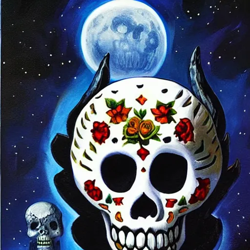 Image similar to a dia de los muertos themed fox skull character, themed on the stars and moon, painting by jeff easley