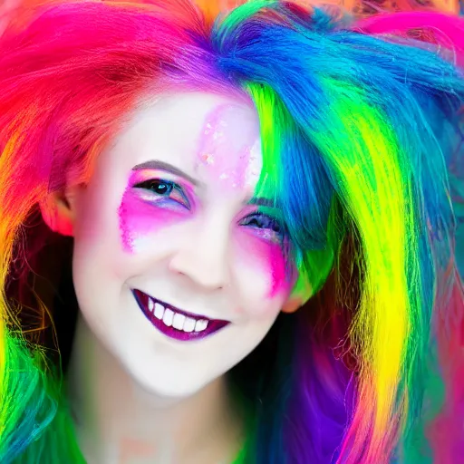 Prompt: smiling woman with rainbow hair and rainbow makeup, viscous rainbow paint, rainbow bg, portrait