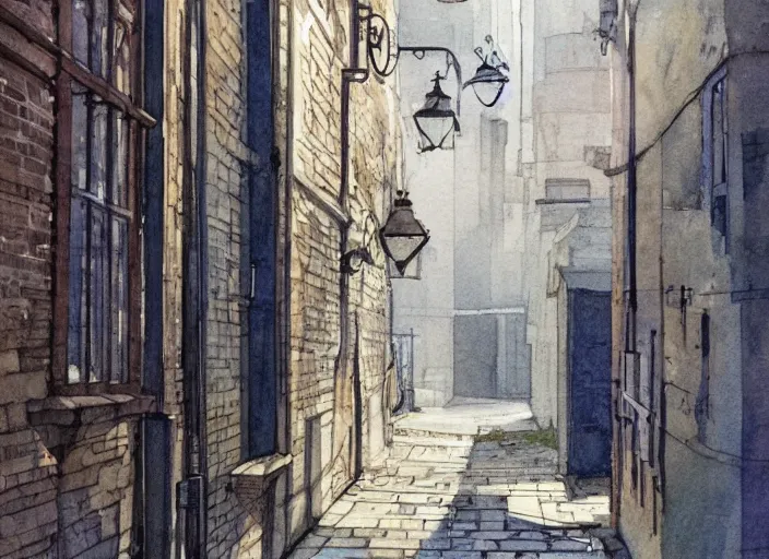 Image similar to concept art of alleyway in england city, pinterest, artstation trending, behance, watercolor, by coby whitmore *, silver, laser light *,