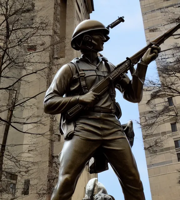 Image similar to a 4 k photorealistic photo medium shot of a bronze statue of an american soldier holding a rifle