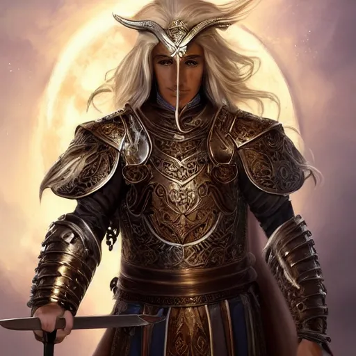 Image similar to Full body shot of beautiful male cleric with long flowing blonde hair wearing burnished bronze armour emblazoned with a swan on the breastplate. Wielding a magical scimitar embossed with the phases of the moon. Magic, bright divine lighting, flux. High fantasy, digital painting, HD, 4k, detailed by Ruan Jia