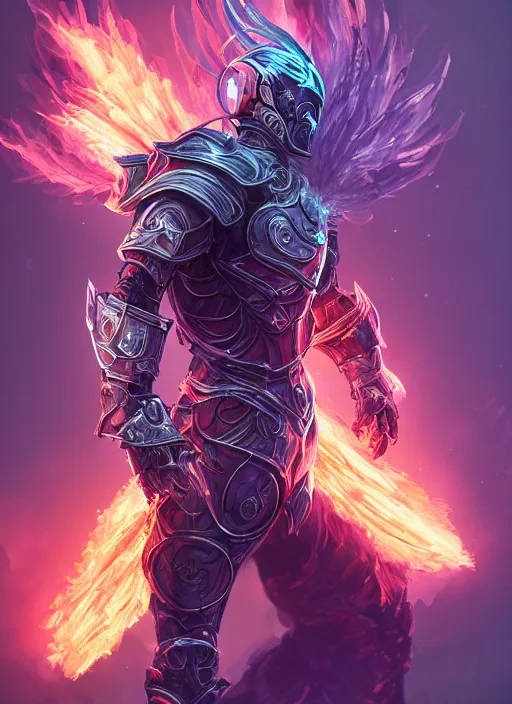 Image similar to a highly detailed illustration of futuristic cyber knight with flaming plume, rigid bulky armor, glowing purple line cracks in armor, dramatic standing pose, intricate, elegant, highly detailed, centered, digital painting, artstation, concept art, smooth, sharp focus, league of legends concept art, WLOP