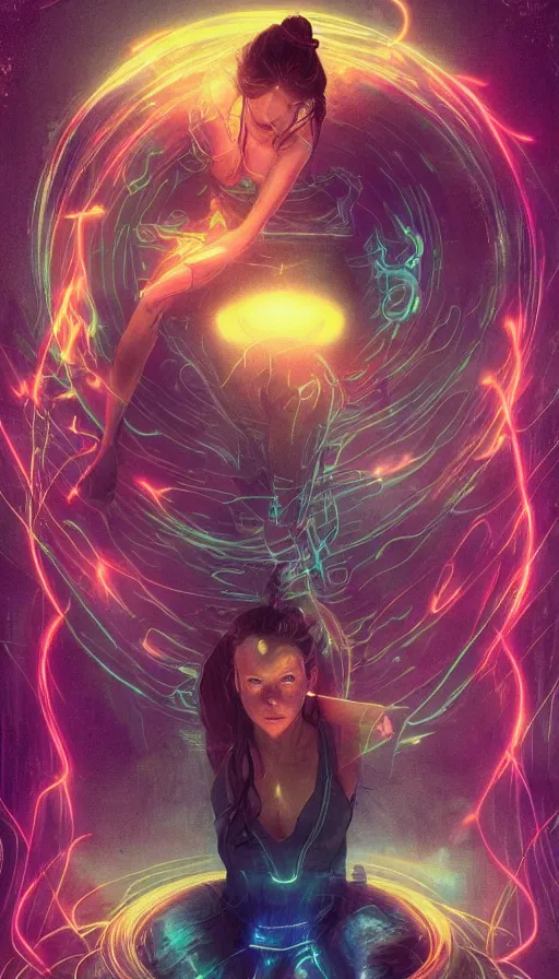 Image similar to tarot card, altered carbon, neon, fool, dreamy vibe, fibonacci, sweat drops, insane intricate, highly detailed, digital painting, artstation, concept art, smooth, sharp focus, illustration, unreal engine 5, 8 k, art by artgerm and greg rutkowski and alphonse mucha