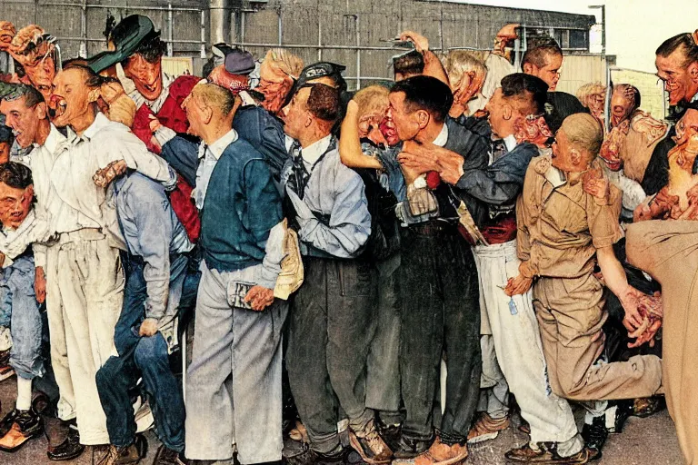 Prompt: a norman rockwell painting of a group of l - lgbt activists making a scene in front of a russian super - max prison