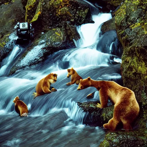 Image similar to hundreds lots lots lots of bears catching salmon at the top of a small waterfall in alaska, national geographic photo, detailed, wide angle, 1 2 0 mm film photo 4 k