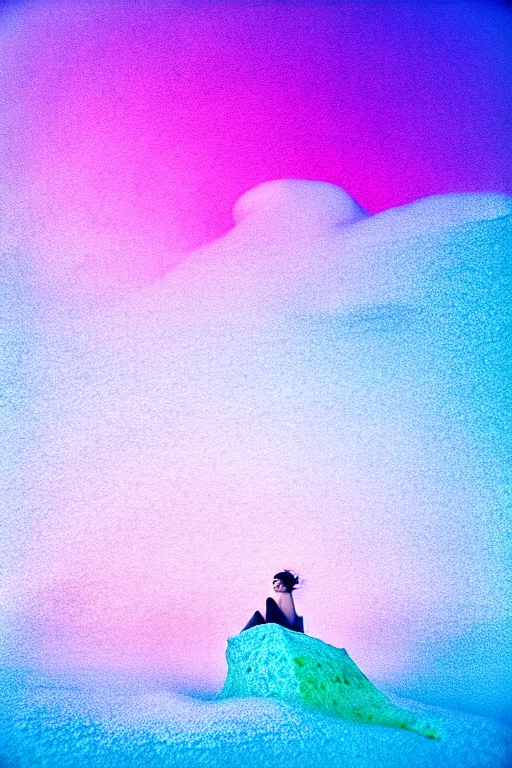 Image similar to high quality pastel coloured film close up wide angle photograph of a model wearing clothing swimming on cloud furniture in a icelandic black rock!! environment in a partially haze filled dreamstate world. three point light, rainbow. photographic production. art directed. pastel colours. volumetric clouds. pastel gradient overlay. waves glitch artefacts. extreme facial clarity. 8 k. filmic.