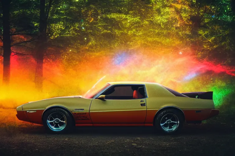 Image similar to pontiac firebird with glowing paint, sunrise, eerie light, fireflies, dramatic, cinematic, forest, sunbeams, volumetric lighting, wide shot, low angle, realistic pokemon looking at car, pokemon, creatures