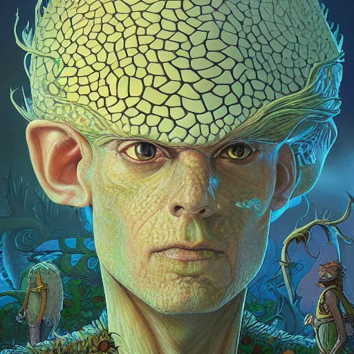 Prompt: fungus labyrinth mohawk scales projector portrait by gaston bussierre and charles vess and james jean and erik jones and rhads, inspired by rick and morty, epic, funny, huge scale, beautiful fine face features, intricate high details, sharp, ultradetailed