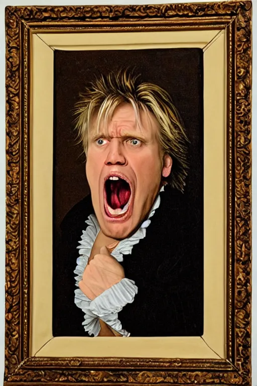 Image similar to a 1 6 0 0 s framed portrait painting of gary busey screaming, intricate, elegant, highly detailed