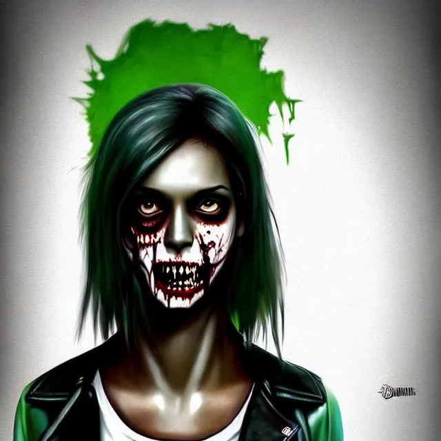 Prompt: epic professional digital airbrushed portrait art of a fit and athletic, extremely attractive mid-20s East Indian supermodel emo female zombie, smiling, perfectly symmetrical face, wearing a shirt under a leather jacket, with deep green eyes, scary portrait, walking dead, best on artstation, cgsociety, wlop, Behance, pixiv, cosmic, epic, stunning, gorgeous, glamour lighting, glamour head-shot, torso slightly right, face to camera, masterpiece by Dorian Cleavanger and Stanley Lau