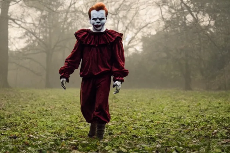 Image similar to film still of will poulter as pennywise. directed by cary joji fukanaga.