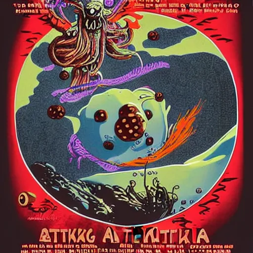 Image similar to attack of the flying spaghetti and meatballs monster, movie art poster, by gerard brom and ansel adams