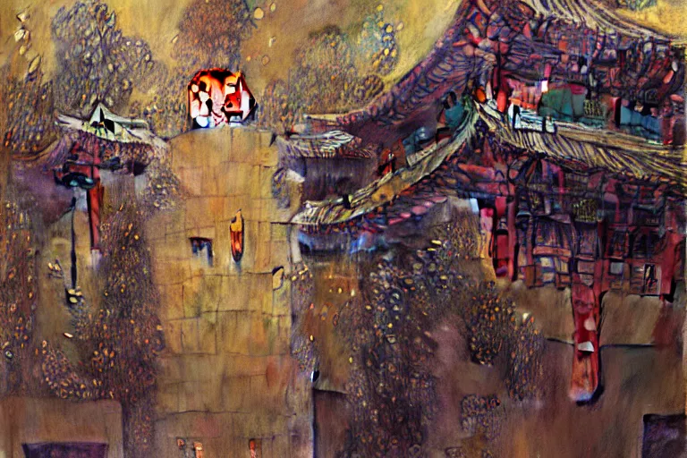 Image similar to cyberpunk chinese ancient castle, fantasy, painting by Gustav Klimt, greg rutkowski and alphonse mucha