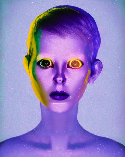 Prompt: cut and paste, featureless surprised robotic woman's face, short metallic hair, dark makeup, violet and yellow and green and blue lighting, polaroid photo, 1 9 8 0 s cgi, atmospheric, whimsical and psychedelic, grainy, expired film, super glitched, corrupted file, ghostly, bioluminescent glow, sci - fi, twisty