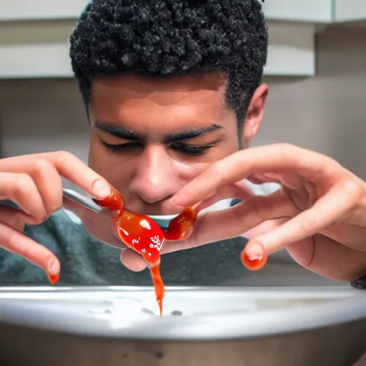 Image similar to young man vomiting ketchup into a sink 4k