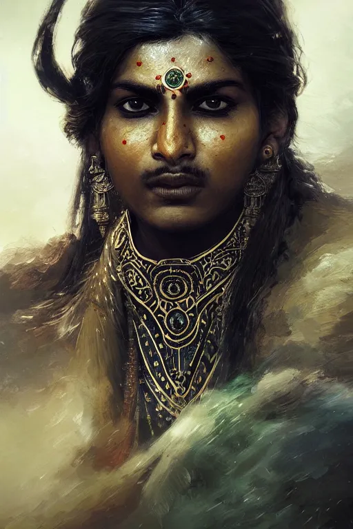 Prompt: hindu warrior, close - up portrait, fierce, intricate, elegant, volumetric lighting, scenery, digital painting, highly detailed, artstation, sharp focus, illustration, concept art, ruan jia, steve mccurry