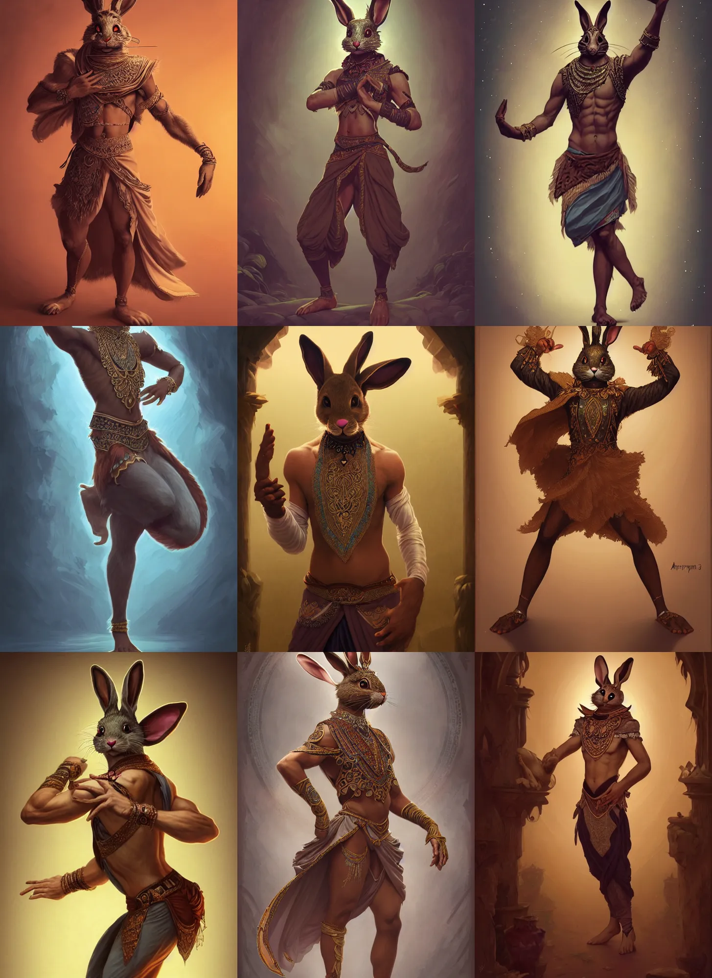 Prompt: full body photograph of a male anthropomorphic bunny man fursona arabian dancer, deep focus, intricate, elegant, highly detailed, digital painting, artstation, concept art, matte, sharp focus, illustration, d & d, fantasy, hearthstone, art by artgerm and greg rutkowski and alphonse mucha