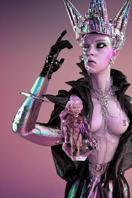 Image similar to hyper detailed ultra sharp portrait of baroque and bladerunner delicate glowing diamond sculpture of seductive muscular albino young spanish king, pink diamond black metallic sphinx iridescent humanoid deity wearing black cloak holding a prismatic gem, glowing pink face, crown of white diamonds, cinematic lighting, photorealistic, octane render 8 k depth of field 3 d