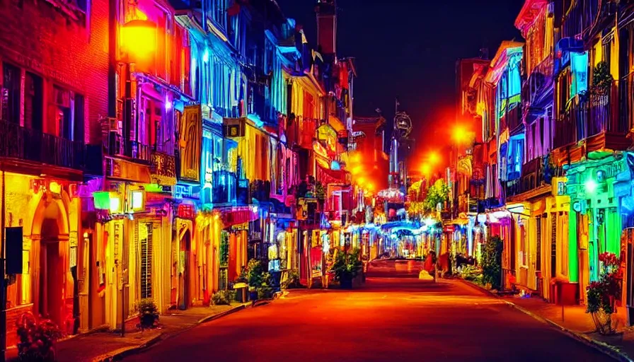 Prompt: a beautiful colorful city street at night