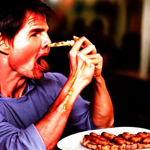 Prompt: photo of tom cruise eating a sausage, cinestill, 8 0 0 t, 3 5 mm, full - hd