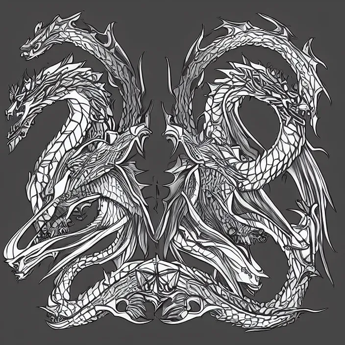 Image similar to epic symmetrical two headed dragon profile with flat design style, monochromatic