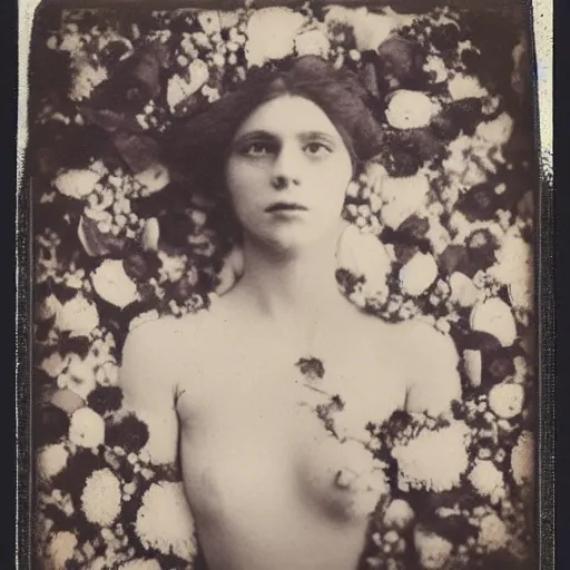 Image similar to portrait of a beautiful woman corpse covered in flowers, 1910 polaroid photography,